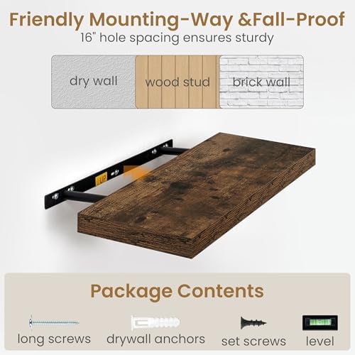 Fun Memories 55 Inch Long Floating Shelves for Wall, 55x9.3 Large Floating Shelf for Bedroom, Kitchen, Bathroom, Wall Mounted Rustic Wood Shelves with Invisible Bracket for Books, Decor, Rustic Brown - Image 6