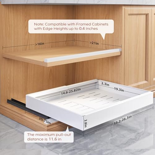 Seinloes 2 Pack Pull Out Cabinet Organizers 21" Deep With Raising Pad for Framed Cabinets, Expandable Width (15.2"-26.3") Slide Out Drawers Upgrade 3 Slide Rails, Roll Out Shelves Adhesive, White - Image 4