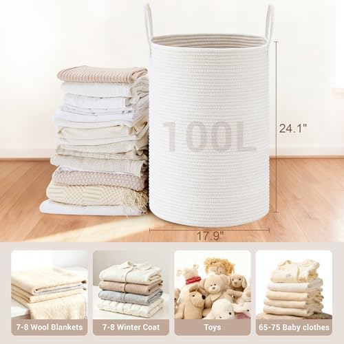 100L Extra Large Tall Cotton Rope Laundry Basket with Handle, White - Image 2