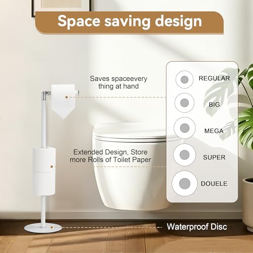 BGL Freestanding Toilet Paper Holder, Tissue Holder On Floor with Reserve Storage Paper Rolls, Roll Paper Holder Standing On Floor (White) - Image 3
