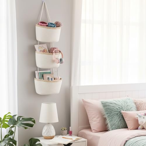 TeoKJ Over the Door Hanging Basket, 3-Tier Woven Cotton Wall-Mounted Storage Organizer Bag Decorative Hanging Nursery Baskets, White & Light Brown - Image 3