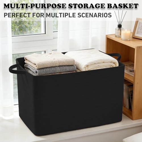 96L Woven Laundry Basket with Handles, Extra Blanket Basket,Black - Image 6