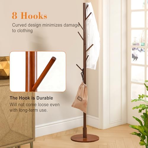 VECELO Coat Rack Freestanding, Entryway Hanger Stand, Umbrella Holder, Hall Tree With Hooks, Floor Standing Tree Stand,Walnut - Image 5