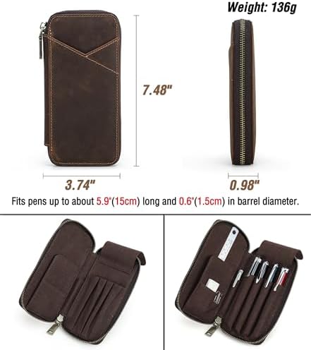 Top Grain Genuine Leather 4 Fountain Pen/Pencil Case Pouch, Handmade Minimalist Design, Zipper Closure with Multi-Function & Slots, Gift Choice for Man/Woman/Office, Matte Coffee, 4 Slots - Image 4