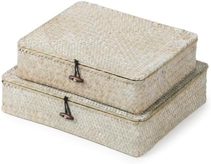 YANGQIHOME Set of 2 Seagrass Baskets with Lids, Rectangular Woven Storage Baskets, Natural Wicker Basket Boxes for Coffee Table, Shelf, Bathroom Counter & Closet Decor (Whitewashed, Set of 2) by YANGQIHOME