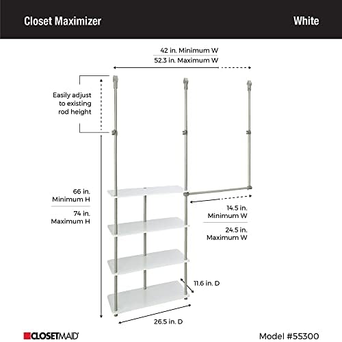 ClosetMaid® Maximizer™ Closet Accessory, Add Adjustable Storage Space, 4 Shelves, Double Hang Rod, Tool Free, Add On Unit, White - Image 6