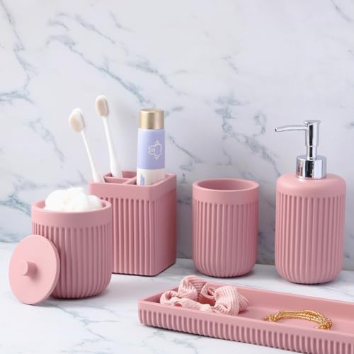 XLHOMO Resin Pink Bathroom Accessories Set 5 Pcs, Lotion Soap Dispenser, Toothbrush Holder, Bathroom Tumbler, Qtip Holder and Vanity Tray, Bathroom Countertop Organizer Set for Modern Home Apartment by BetterbathroomwithXLHOME