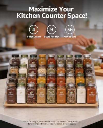 Tiered Spice Rack Organizer for Countertop & Cabinet, 4-Tier 19.9in Kitchen Seasoning Storage Shelf, Space Saving Standing Spice Organizer, Wooden & Acrylic, Solid Wood - Image 4