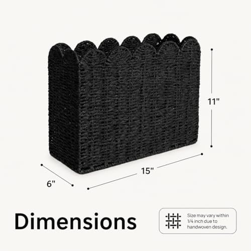 Black Paper Rope Magazine Holder, Scalloped Magazine Basket - Image 5