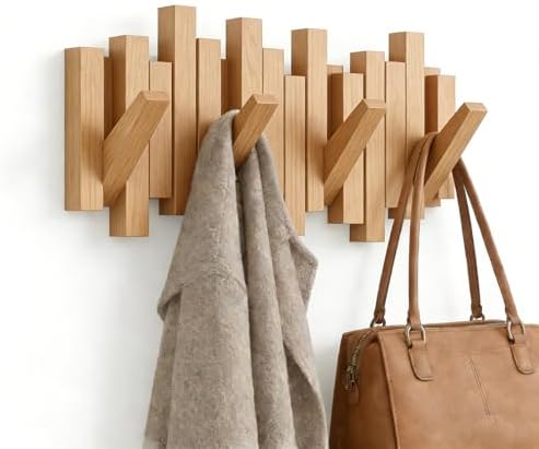 CAQ Wall Mount Coat Rack 4 Hooks, Wood Wall Coat Hooks Piano Key Style Folding, Wall Coat Hooks Magnetic Hanger for Entryway Bedroom, Natural by CAQ