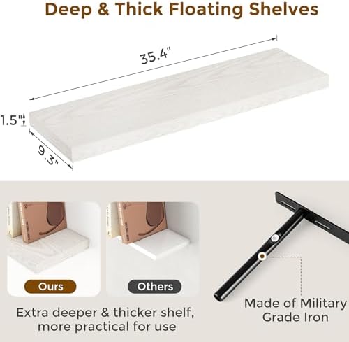 36 Inch Long Floating Shelves for Wall, 9.3 Inch Deep Floating Shelf with Heavy-Duty Bracket, 2 Pack Long Shelves for Bathroom, Living Room, Bedroom, Wall Mounted Storage Shelf for Books Decor, Brich - Image 3