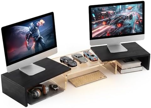 Dual Monitor Riser, Acrylic Monitor Riser with Keyboard Storage, Adjustable Angle & Length Computer Monitor Stand, Wide Desk Shelf for Top of Desk for Home Office_Black Maple Look by Bingyouth