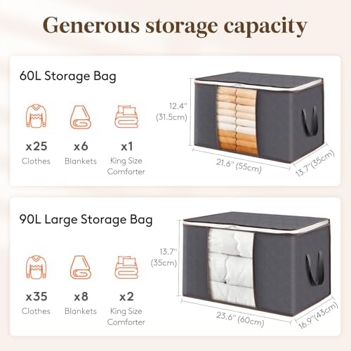 Lifewit 4 Pack 90L Clothes Storage Bins with Lids, Foldable Blanket Storage Bags with Zippers, Clear Window and Reinforced Handles, Closet and Organization for Clothing, Sweater, Comforter, Bedding - Image 2