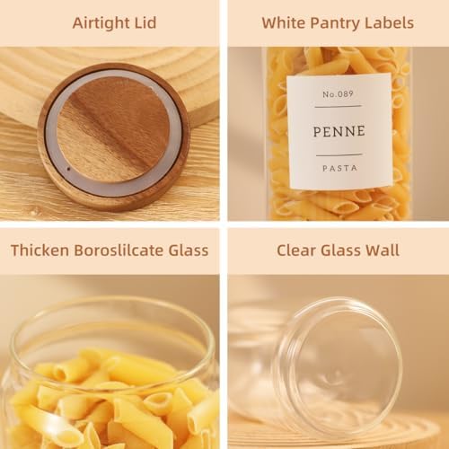 3 Pack Glass Canisters with Airtight Acacia Lids and 132 Kitchen Pantey Labels Preprint - 36 Fl OZ Borosilicate Glass Pantry Storage Jars Containers with Wooden Lids for Tea,Sugar,Cookie,Pasta,Candy - Image 5