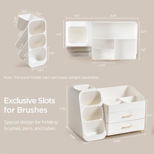 HBlife Makeup Organizer with Brush Holder for Vanity, Large Plastic Bathroom Countertop Organizer Skin Care Storage, Easy to Store Lipsticks, Nail Polishes, Perfumes, Eyeshadow Palettes, All White - Image 3