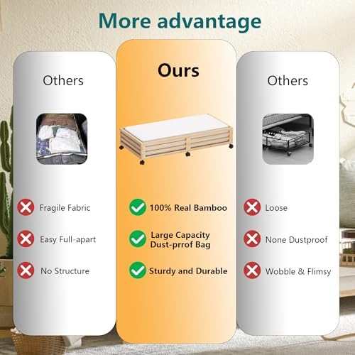 Wisuce 2 Packs Bamboo Under Bed Storage Organizer with Wheels Nature Large - Image 4