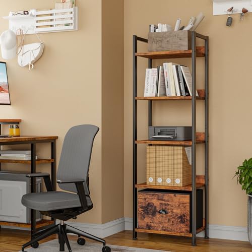 Furologee 5 Tier Bookshelf with Drawer, Tall Narrow Bookcase, Rustic Brown - Image 2