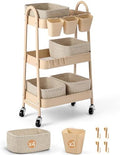 3-Tier Rolling Utility Cart with 4 Woven Baskets, Diaper Book Snack Cart, Storage Organizer for Nursery, Kitchen, Craft Room, Home SPA, Living Room, Metal Frame Trolley on Lockable Wheels, Brown by AOZITA