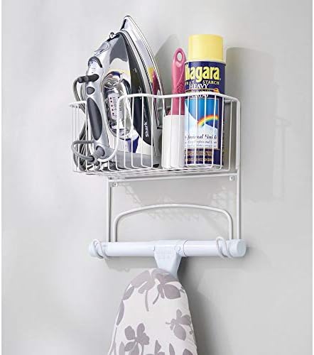 mDesign Wall Mounted Ironing Board Holder - Steel Ironing Board Rack for Easy Organisation - includes Basket for Iron Storage - White - Image 2
