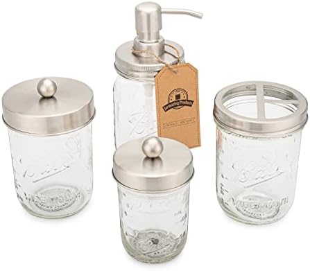 Jarmazing Products Ball Mason Jar Bathroom Gift Set (4 pcs) - Lotion/Soap Dispenser, Toothbrush Holder, Q-Tip Storage Jars - Farmhouse Home Decor for Vanity Organization - Stainless Steel - Image 2