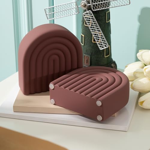 Brown 2 Pcs Boho Arch Concrete Bookends for Shelves, Rainbow - Image 6