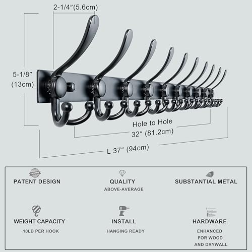 Dseap Coat Rack Wall Mount 37”, Heavy Duty 12-Gauge Base vs Flimsy 1mm, Double-Thick Anti-Snap Hooks, 16” Stud-Mount, Stainless Steel 10-Hook Hanger for Closet Entryway, Black, Pack of 2 - Image 6
