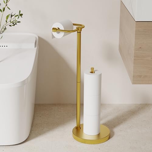 Toilet Paper Holder Stand, Modern Bathroom Free Standing Toilet Paper Holder with Storage for 4 Rolls, Post Pivoting Toilet Paper Stand Stainless Steel Tissue Rack, Heavy Stable Base(Brushed Gold) - Image 2