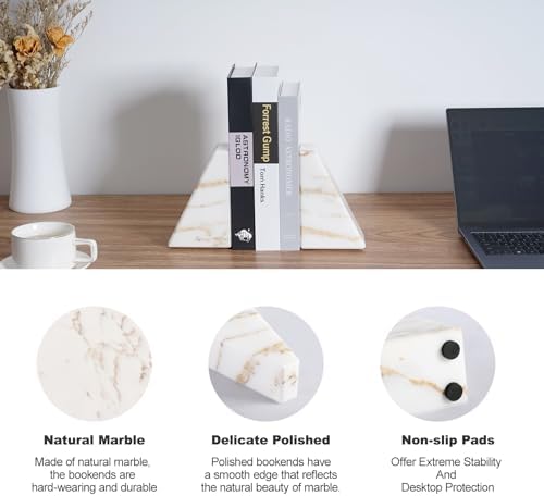 Karibiber Marble Bookends for Heavy Books, Calacatta Decorative Book Ends for Shelves, Unique and Heavy Bookends for Hardback Book & Cookbooks, Stone Book Stopper, Modern Book Holder,Set of 2 - Image 3