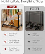 Sakugi Double Rod Clothes Rack Mesh Shelf & Hooks, 28.7x16.5x59.1, Black - Image 4