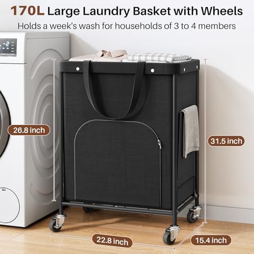 170L Large Laundry Basket with Wheels, Rolling Laundry Hamper Easy Access Clothing Minimizes Bending, Laundry Cart with 4 Silent Casters & Removable Bag for Bedroom, Bathroom, Laundry Room,Black - Image 2