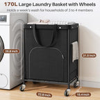 170L Large Laundry Basket with Wheels, Rolling Laundry Hamper Easy Access Clothing Minimizes Bending, Laundry Cart with 4 Silent Casters & Removable Bag for Bedroom, Bathroom, Laundry Room,Black - Image 2
