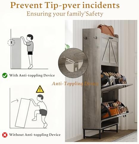 Wodeer Shoe Cabinet Storage for Entryway, Shoe Storage Cabinet with 4 Flip Drawers, Freestanding Narrow Shoe Rack Organizer with Metal Legs, Adjustable Shelves & Open Storage for Foyer, Hallway, White - Image 7