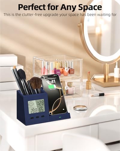 Desk Organizer with Wireless Charger, Digital Clock, Thermometer & Hygrometer - Multi-Functional Pencil Holder, Office Desk Accessories Storage Caddy for Home, Office, Men, Women (Battery Included) - Image 5