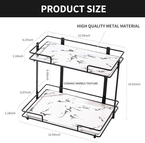 2 Tier Bathroom Cabinet Countertop Organizer Perfume Lipstick Makeup Organizer Cosmetics Storage Display Rack Vanity Tray Metal Dresser Storage Shelf White Marble Ceramic Tray Black - Image 2