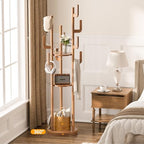 Yoobure Rotary Coat Rack Freestanding - Solid Wood Coat Tree with 9 hooks & 3 Storage Shelves for Purse, Bag, Jacket, Hat, Corner Hanger Stand Racks for Hall, Entryway, Office, Modern Clothes Holder - Image 2