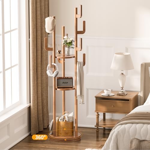 Yoobure Rotary Coat Rack Freestanding - Solid Wood Coat Tree with 9 hooks & 3 Storage Shelves for Purse, Bag, Jacket, Hat, Corner Hanger Stand Racks for Hall, Entryway, Office, Modern Clothes Holder - Image 2