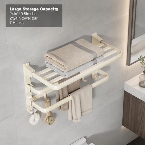 VOLDRA Towel Racks for Bathroom, 24-Inch Towel Shelf with 2 Towel Bar Foldable Towel Holder with 7 Hooks Towel Storage Organizer for Bathroom & Lavatory Wall Mounted(Milky White) - Image 2