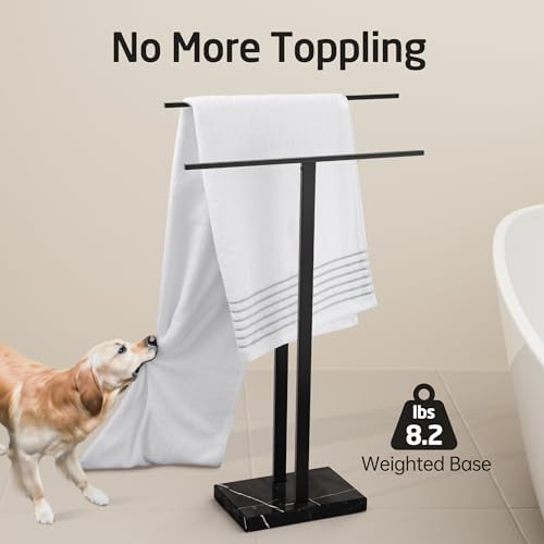 KES Standing Towel Rack 2-Tier Natural Black Marble Base, Bath Towel Holder - Image 2