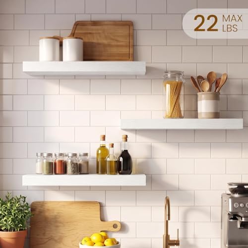 White Floating Shelves for Bathroom, 16" x 6.7" Wall Shelves, Set of 3 - Image 2