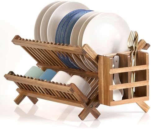 NOVAYEAH Acacia Wooden Dish Drying Rack for Kitchen Counter 2-Tier Collapsible Bmaboo Dish Drying Rack with Utensil Holder-Large Folding Dish Drainer Rack with Flatware Holder 34 pcs Grid by NOVAYEAH