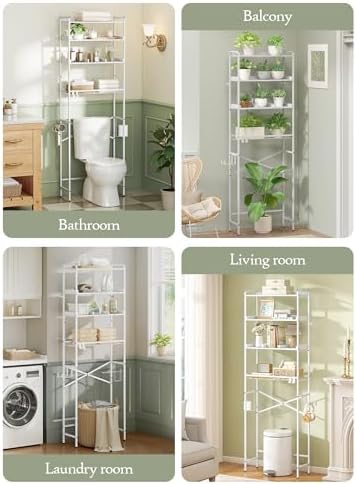 Quikraen 4 Tier Over The Toilet Storage Shelf with 3 Adjustable Shelves, Space Saver Bathroom Organizer with 4 Hooks, Freestanding Above Toilet Rack for Restroom Laundry (White) - Image 6