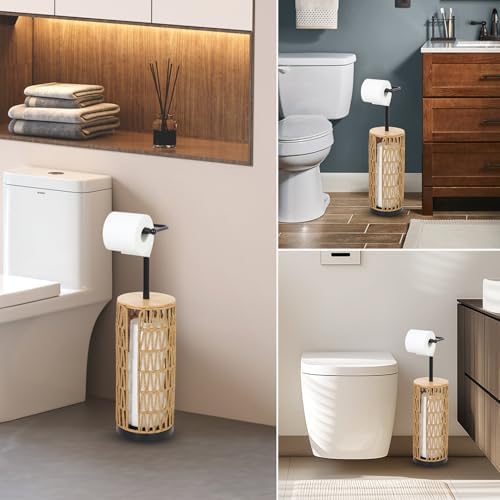 Trongee Freestanding Toilet Paper Holder with Storage,3 Rolls of Boho Toilet Paper Holder Stand with Lid,Gold Toilet Tissue Holder Stand Rattan Paper Storage Wicker Toilet Roll Holder Basket - Image 5