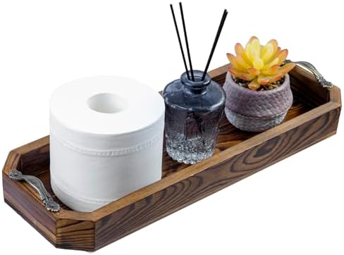 MyGift Wooden Vanity Tray, Rustic Burnt Solid Wood Toilet Tank Tray - Decorative Octagonal Cosmetic Organizer with Antique Metal Handles by MyGiftHome