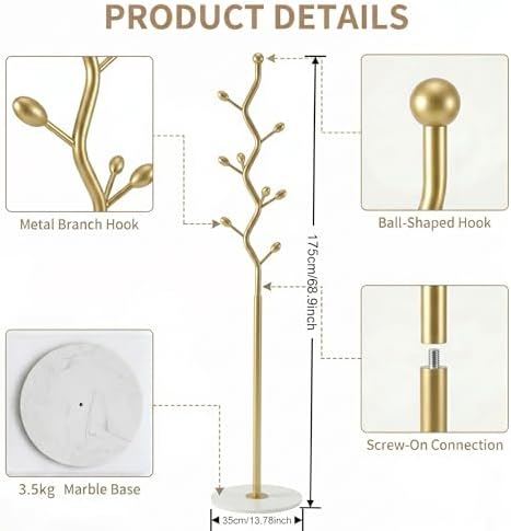 Gold Freestanding Coat Rack & Tree Marble Base 9 Hooks - Image 2