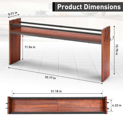 Spice Rack Shelf for Kitchen Stove, Over The Stove Shelf with 4 Hooks, Premium Wood & Metal Commbined Spice Rack Organizer Extra Storage Countertop (Walnut) - Image 2