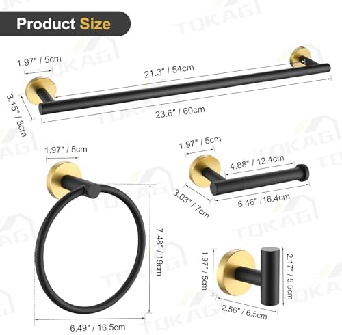 TQKAG Black and Gold Bathroom Hardware Set, 6-Piece Towel Bar Set 23.6 Inch - Image 6