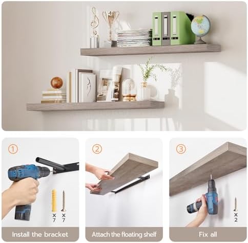 HOOBRO Floating Shelves for Wall, Wall Mounted Shelf Set of 2, 23.6" Hanging Shelf with Invisible Brackets, for Wall in Bathroom, Bedroom, Toilet, Kitchen, Living Room, Office, Greige BG60BJ01G1 - Image 5