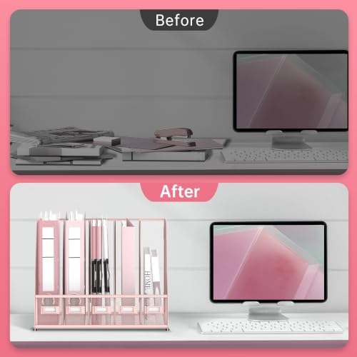5 Vertical Compartments Magazine File Holder, Metal Binder Organizer, Pink - Image 7