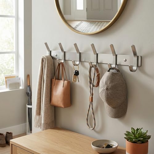 Coat Rack Wall Mount – Brushed Nickel 17 Inch Stainless Steel Hook Rail with 6 Heavy Duty Double Coat Hooks – Wall Mounted Coat Hanger for Entryway, Bathroom, Bedroom, Towel, Hat Organizer - 2 Pack - Image 6