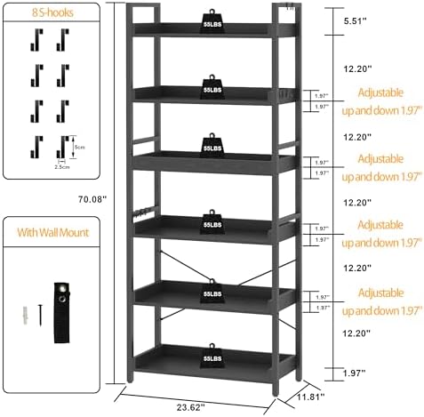 HCHQHS 6 Tier Bookshelf, Adjustable Industrial Bookcase, Vertical Tall Book Shelf, Wood and Black Metal Open Bookshelves for Home Office, Living Room, Bedroom, 70 Inch - Image 3
